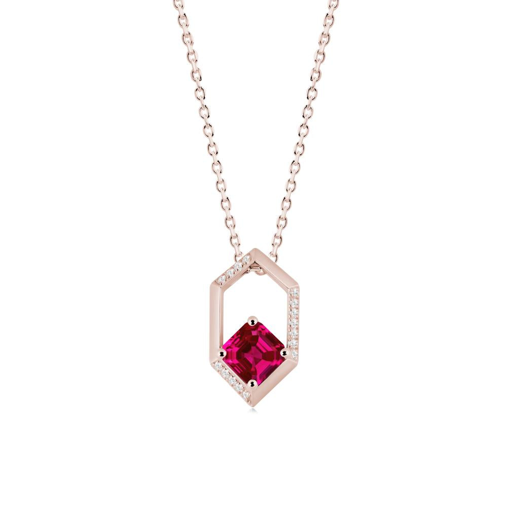 Hexagonal Frame Asscher Ruby Necklace - LUO Jewelry #metal_14k rose gold