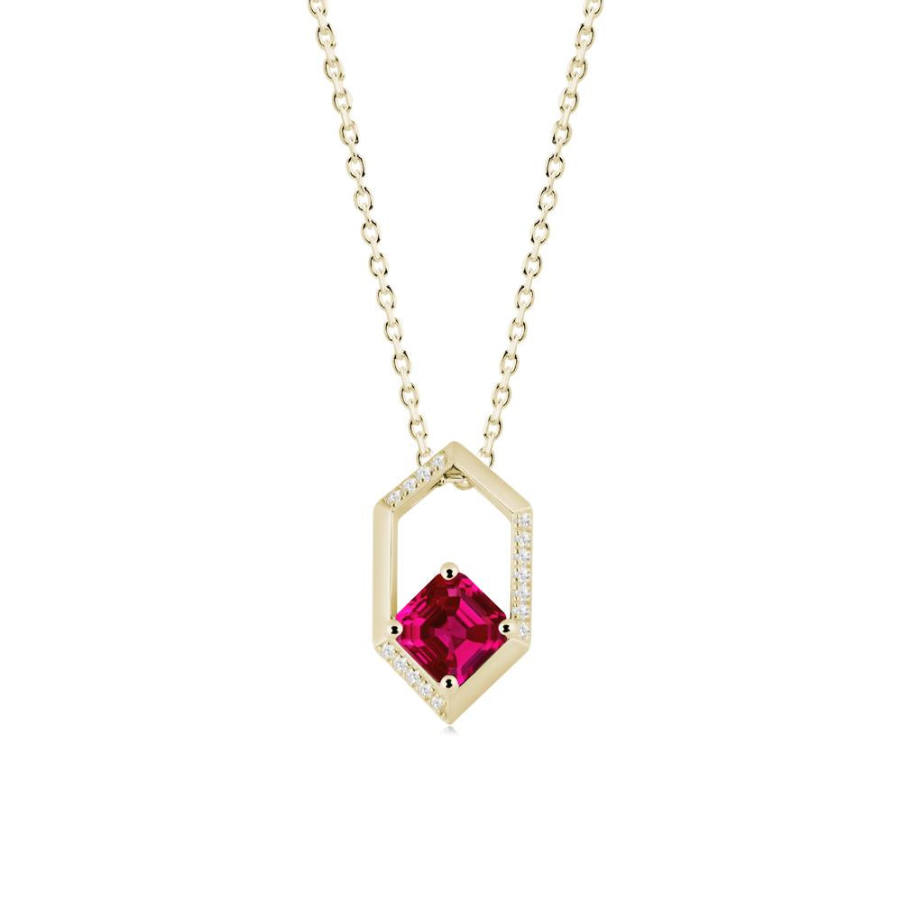 Hexagonal Frame Asscher Ruby Necklace - LUO Jewelry #metal_14k yellow gold