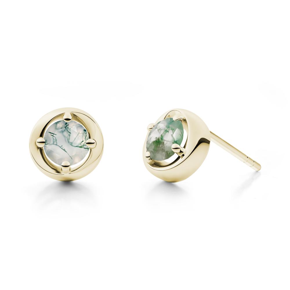 Minimalist Round Moss Agate Stud Earrings - LUO Jewelry #metal_14k yellow gold