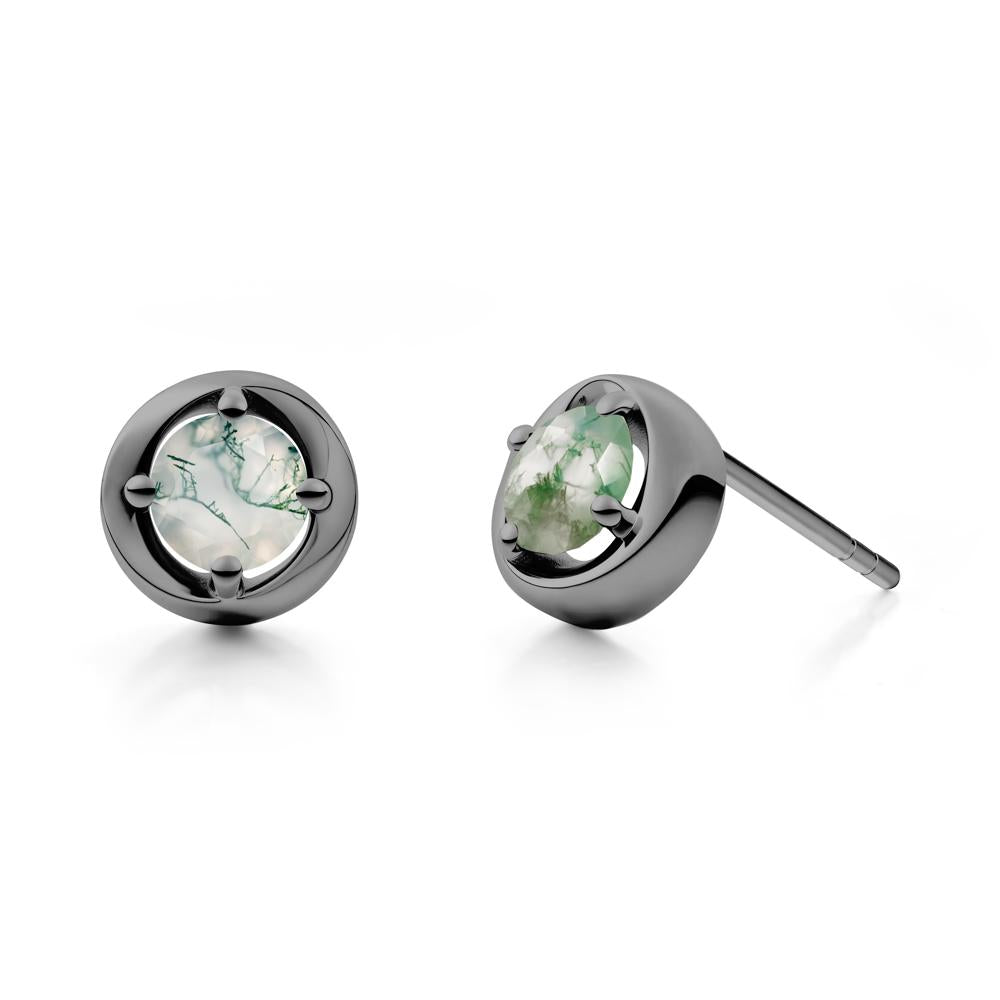 Minimalist Round Moss Agate Stud Earrings - LUO Jewelry #metal_black finish sterling silver