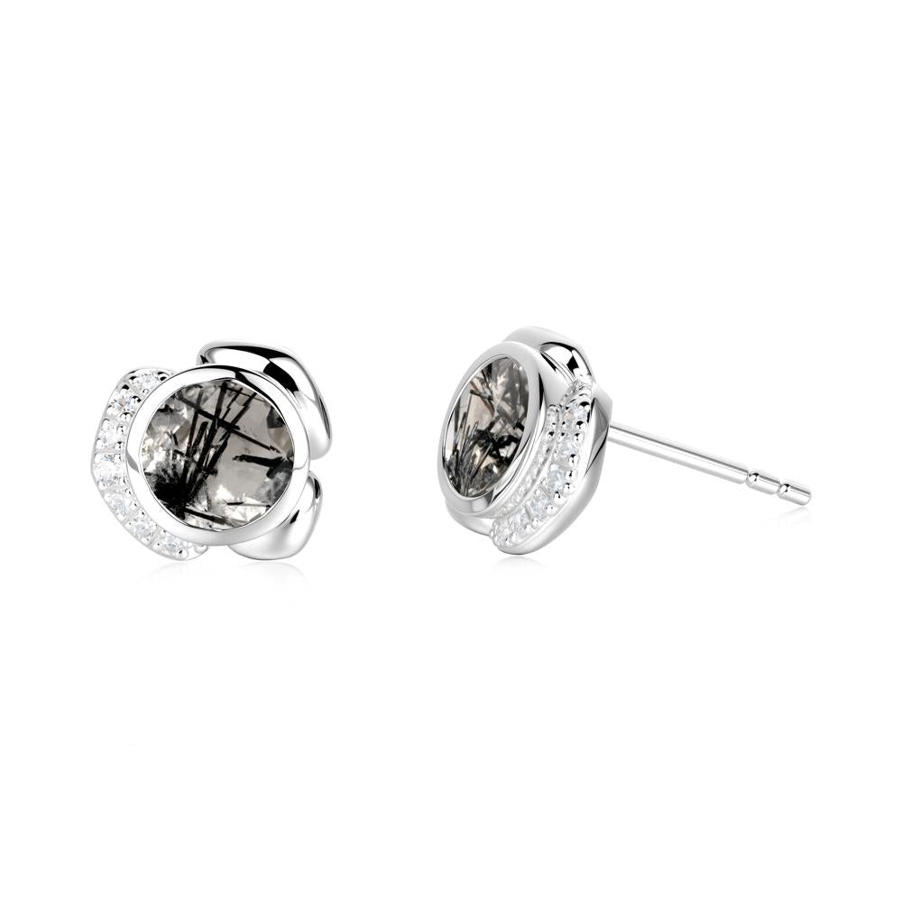 Flower Round Black Rutilated Quartz Earrings - LUO Jewelry #metal_14k white gold