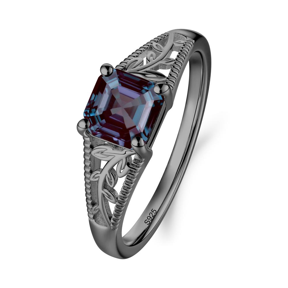 Leaf Inspired Asscher Cut Alexandrite Solitaire Ring - LUO Jewelry #metal_black finish sterling silver
