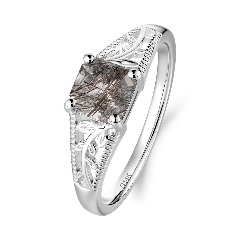 Leaf Inspired Asscher Cut Black Rutilated Quartz Solitaire Ring - LUO Jewelry #metal_14k white gold