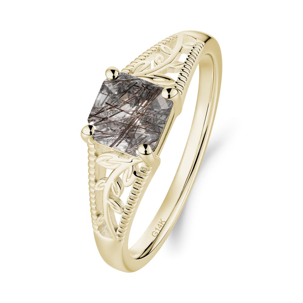 Leaf Inspired Asscher Cut Black Rutilated Quartz Solitaire Ring - LUO Jewelry #metal_14k yellow gold