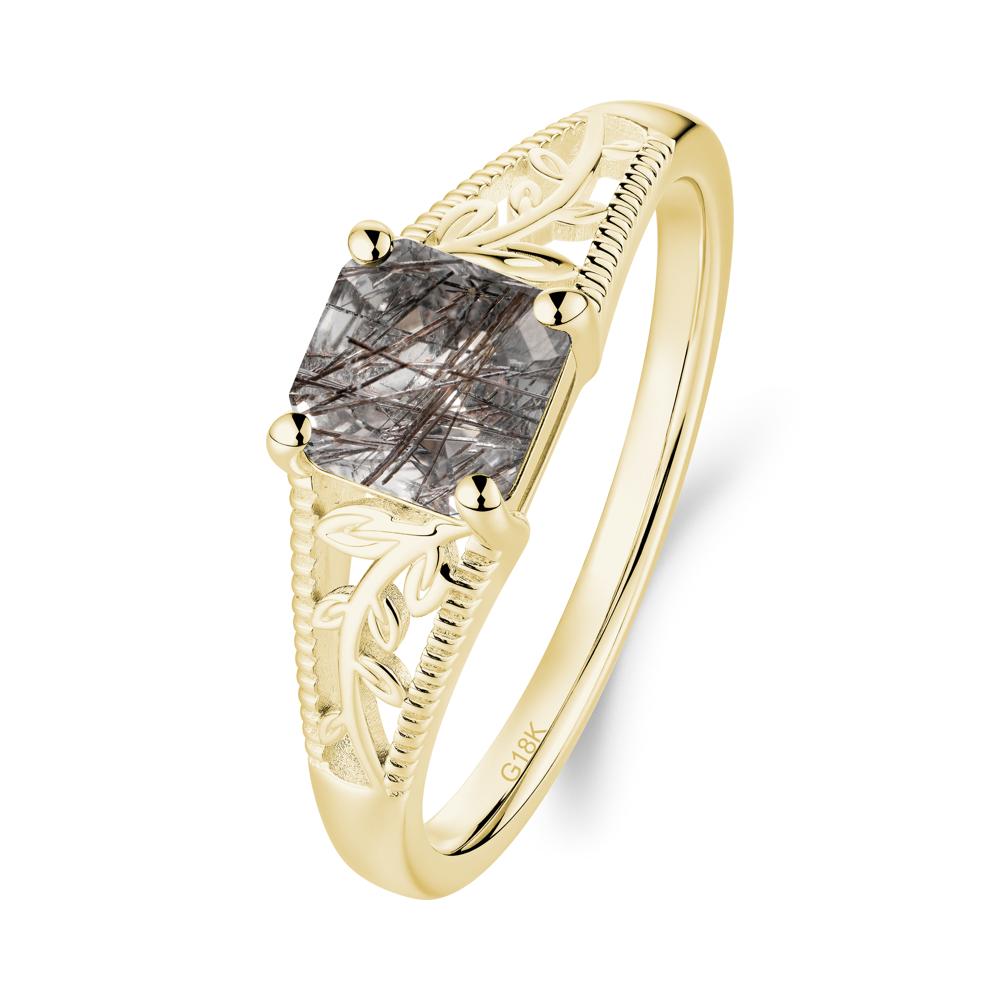 Leaf Inspired Asscher Cut Black Rutilated Quartz Solitaire Ring - LUO Jewelry #metal_18k yellow gold