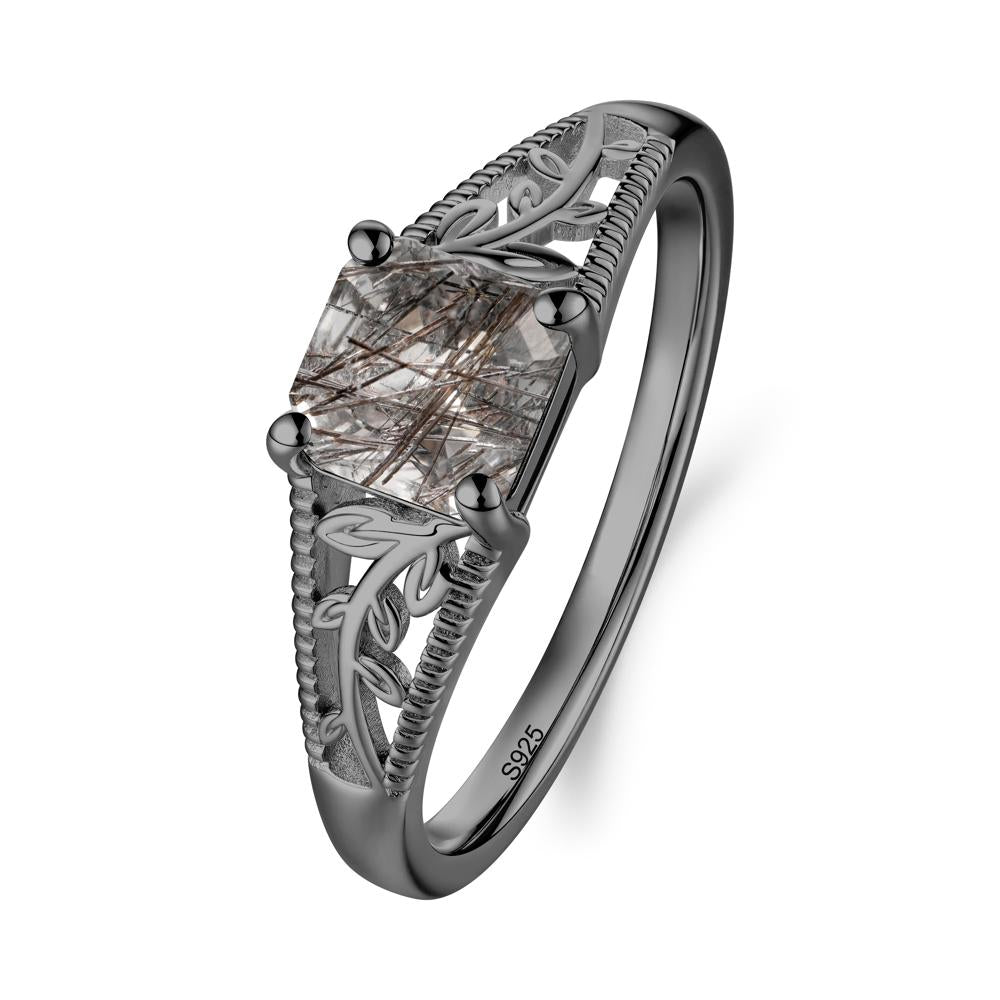 Leaf Inspired Asscher Cut Black Rutilated Quartz Solitaire Ring - LUO Jewelry #metal_black finish sterling silver