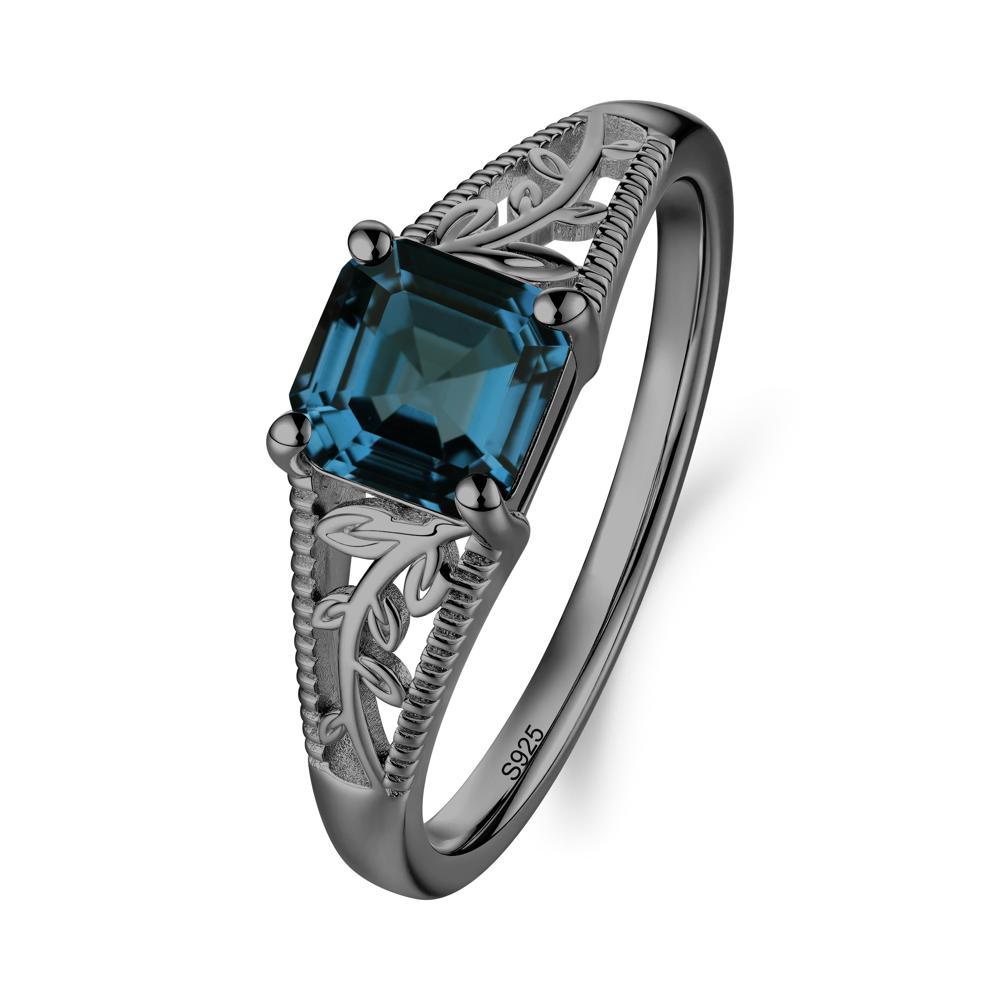 Leaf Inspired Asscher Cut London Blue Topaz Solitaire Ring - LUO Jewelry #metal_black finish sterling silver