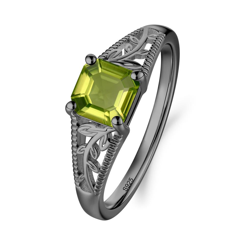 Leaf Inspired Asscher Cut Peridot Solitaire Ring - LUO Jewelry #metal_black finish sterling silver