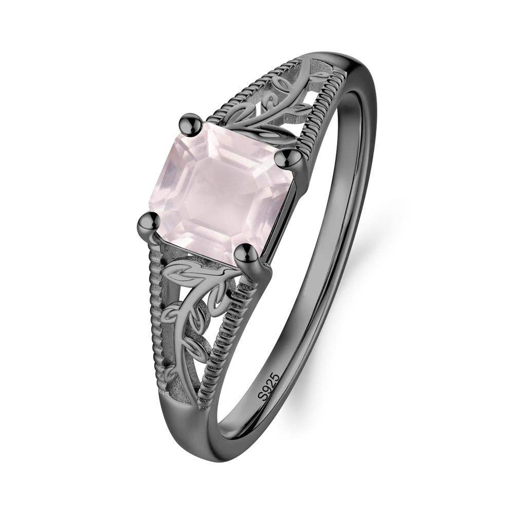Leaf Inspired Asscher Cut Rose Quartz Solitaire Ring - LUO Jewelry #metal_black finish sterling silver