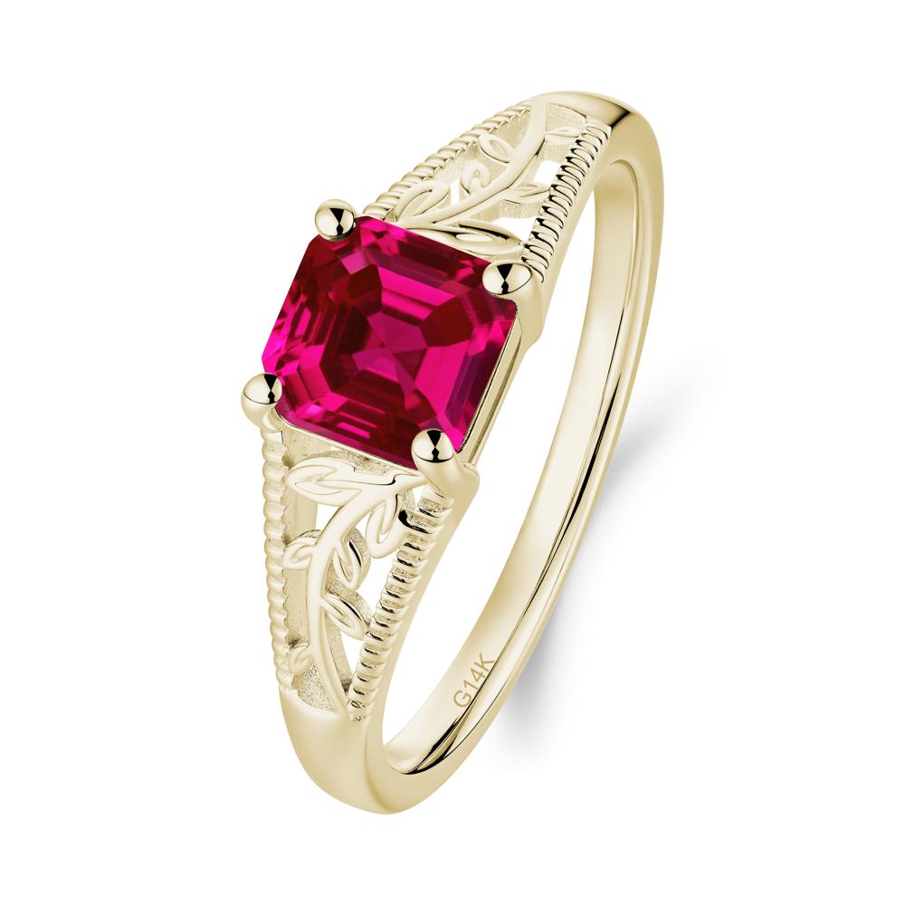 Leaf Inspired Asscher Cut Ruby Solitaire Ring - LUO Jewelry #metal_14k yellow gold