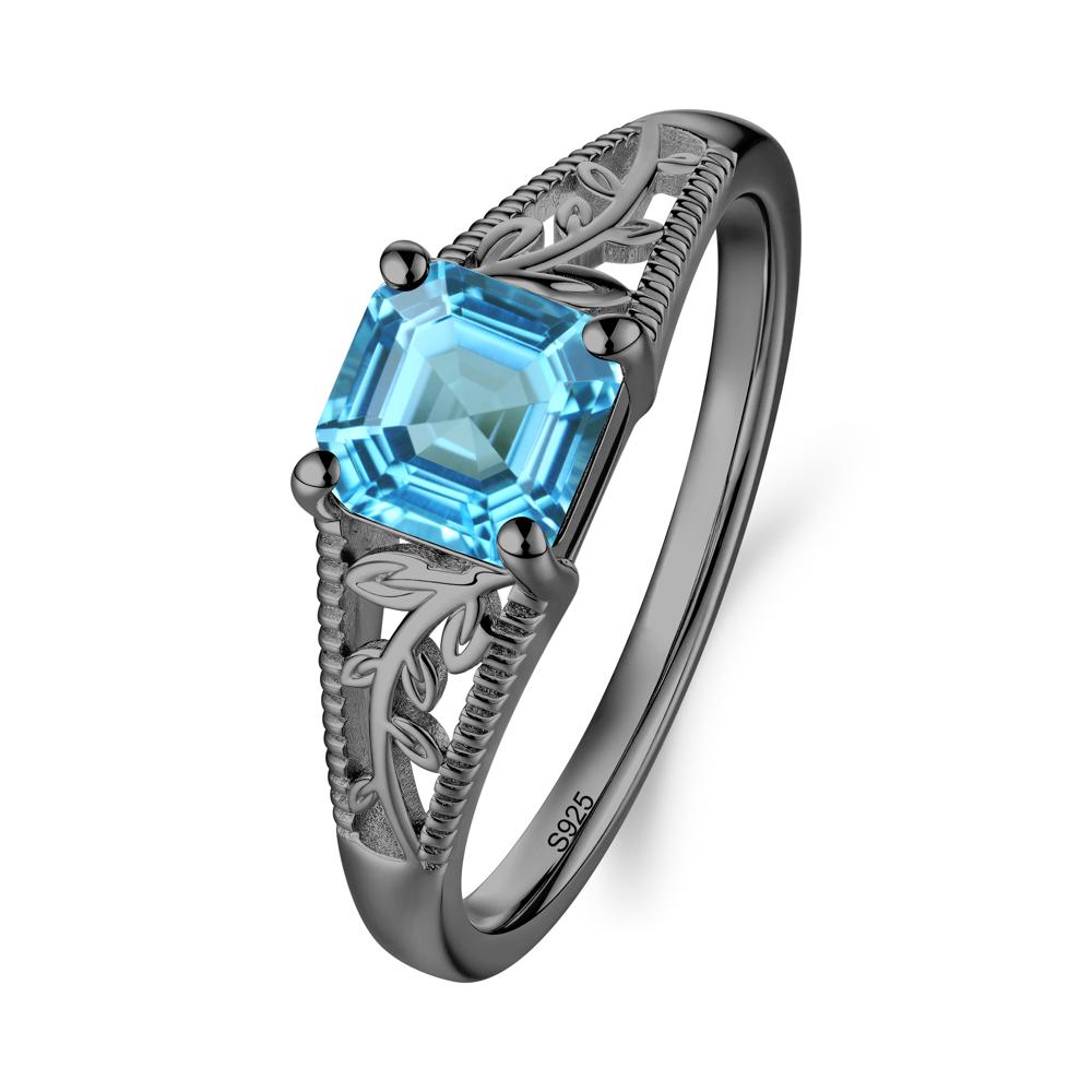 Milgrain and Filigree Leaf Swiss Blue Topaz Ring - LUO Jewelry #metal_black finish sterling silver