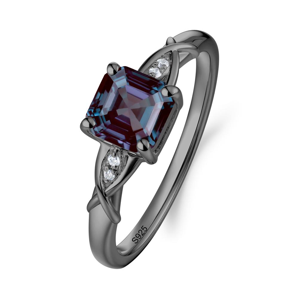 Asscher Cut Alexandrite Solitaire Ring with Criss-Cross Band - LUO Jewelry #metal_black finish sterling silver