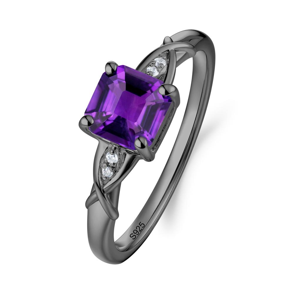 Asscher Cut Amethyst Solitaire Ring with Criss-Cross Band - LUO Jewelry #metal_black finish sterling silver