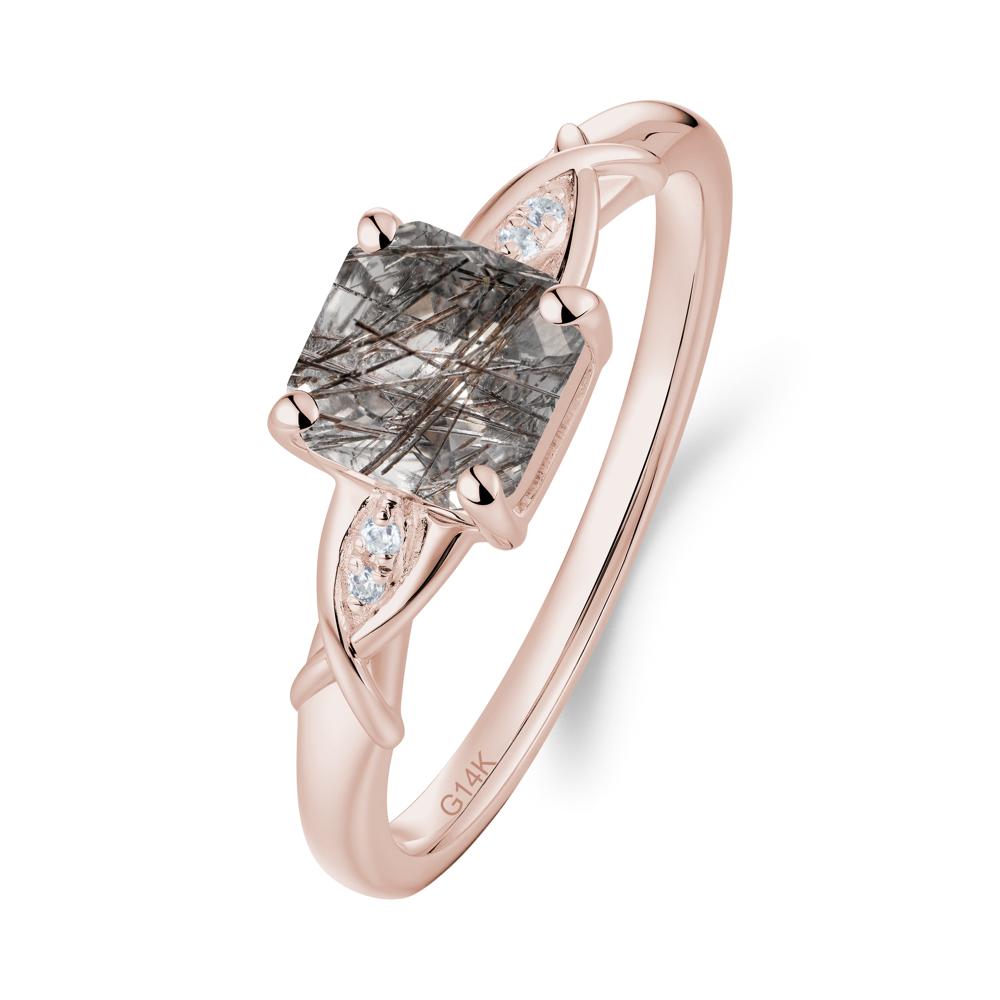 Asscher Cut Black Rutilated Quartz Solitaire Ring with Criss-Cross Band - LUO Jewelry #metal_14k rose gold