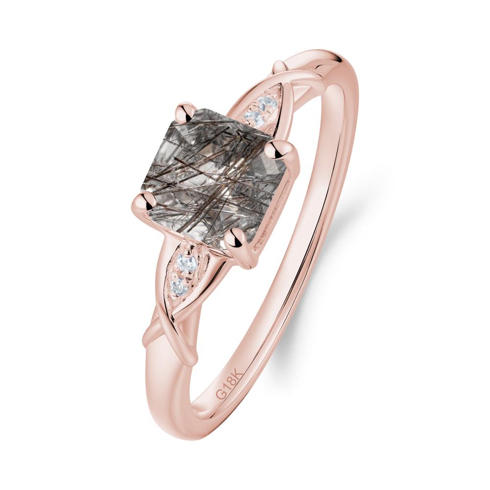 Asscher Cut Black Rutilated Quartz Solitaire Ring with Criss-Cross Band - LUO Jewelry #metal_18k rose gold