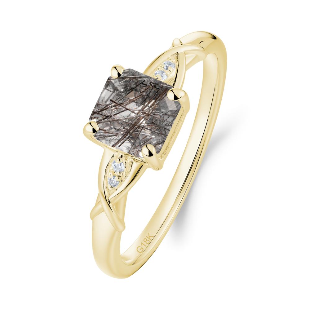 Asscher Cut Black Rutilated Quartz Solitaire Ring with Criss-Cross Band - LUO Jewelry #metal_18k yellow gold
