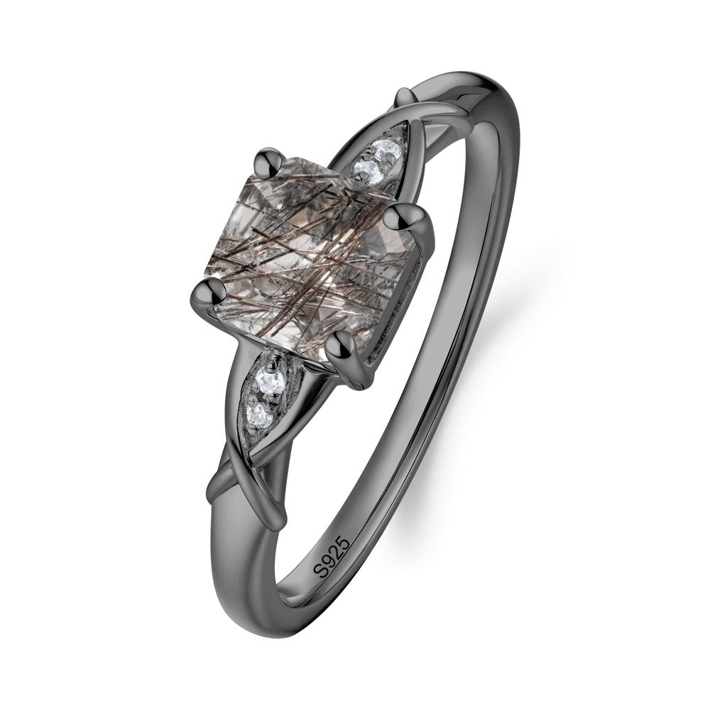 Asscher Cut Black Rutilated Quartz Solitaire Ring with Criss-Cross Band - LUO Jewelry #metal_black finish sterling silver