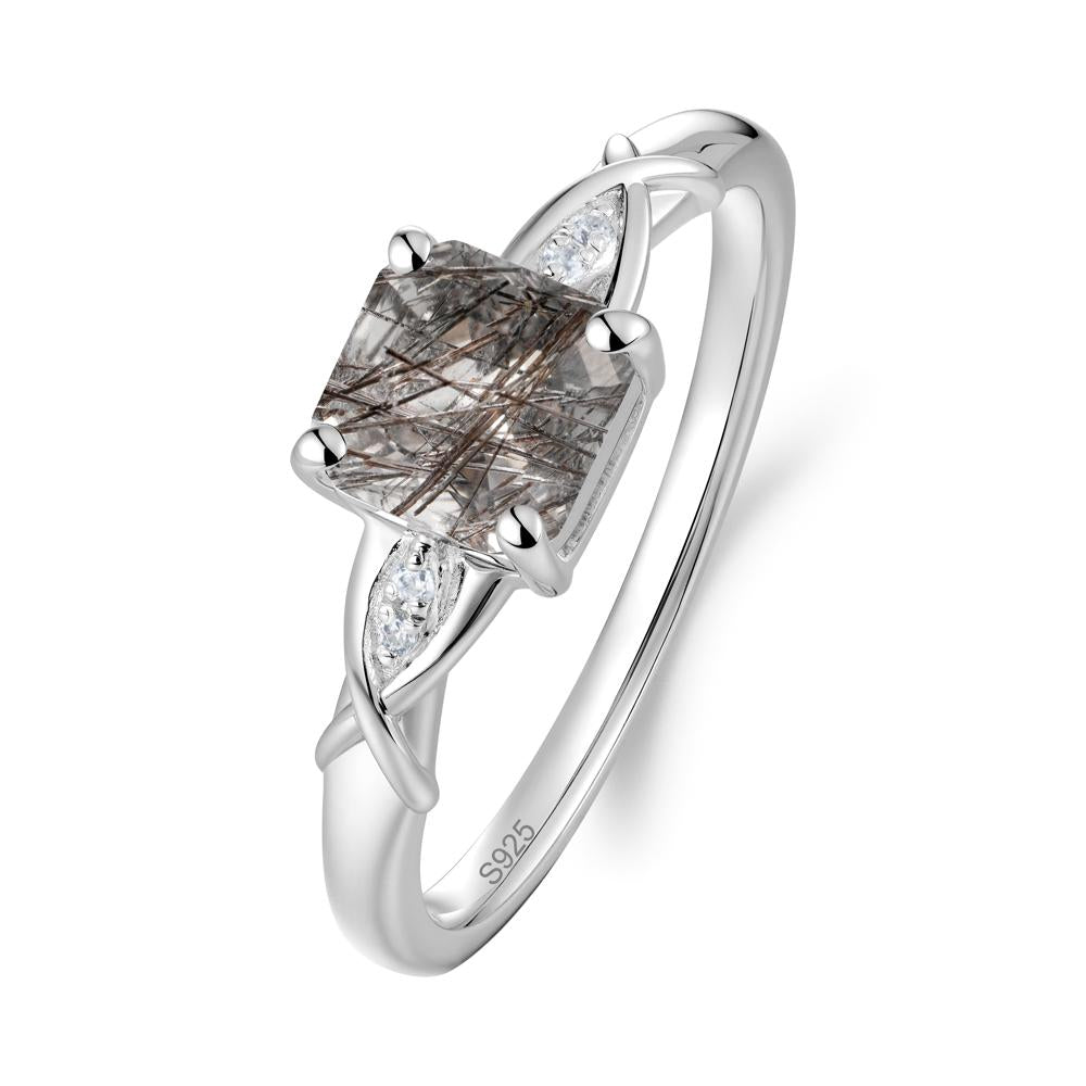 Asscher Cut Black Rutilated Quartz Solitaire Ring with Criss-Cross Band - LUO Jewelry #metal_sterling silver