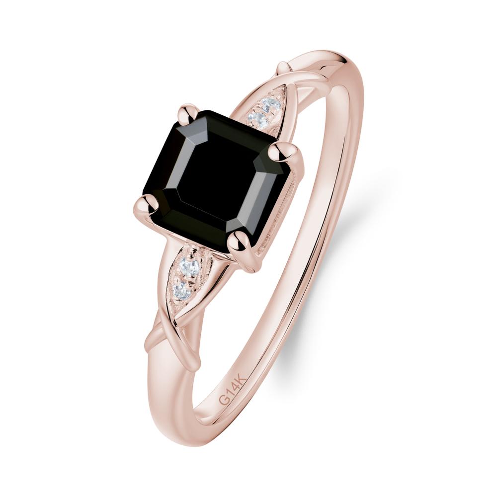 Asscher Cut Black Spinel Solitaire Ring with Criss-Cross Band - LUO Jewelry #metal_14k rose gold