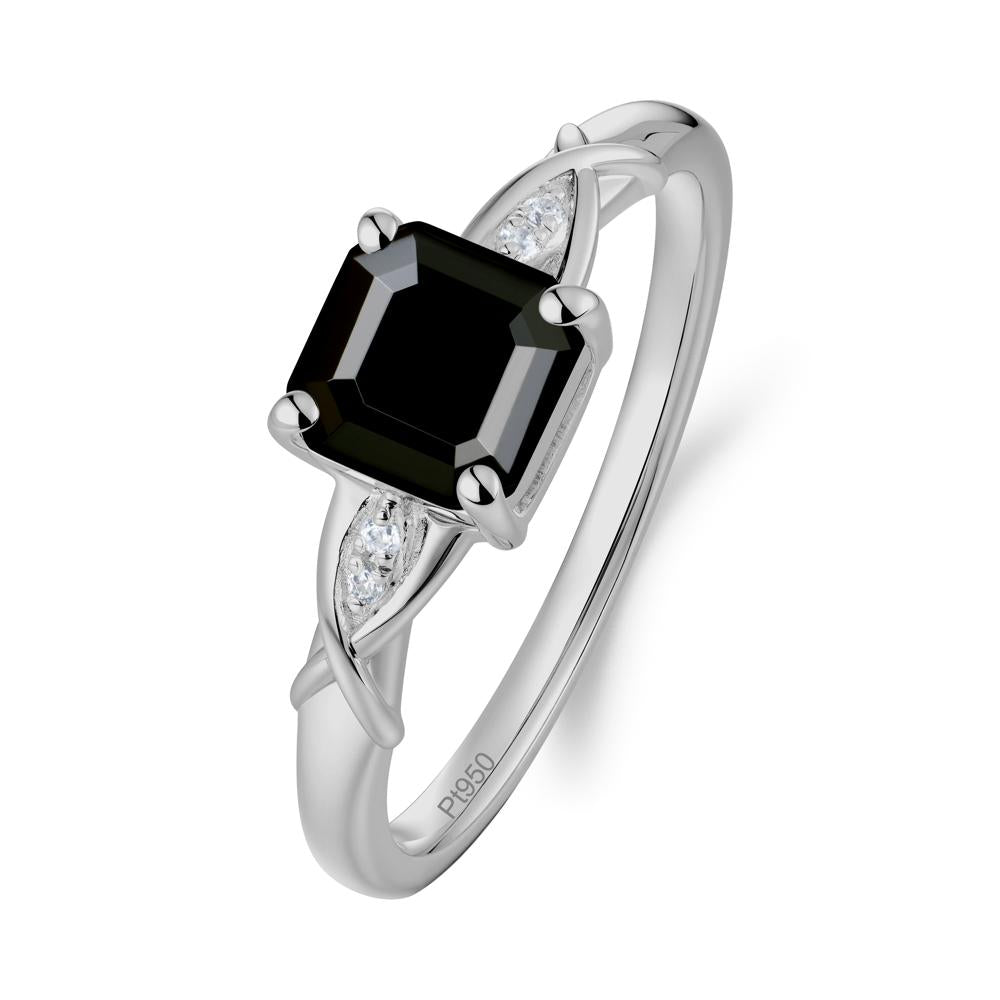 Asscher Cut Black Spinel Solitaire Ring with Criss-Cross Band - LUO Jewelry #metal_platinum