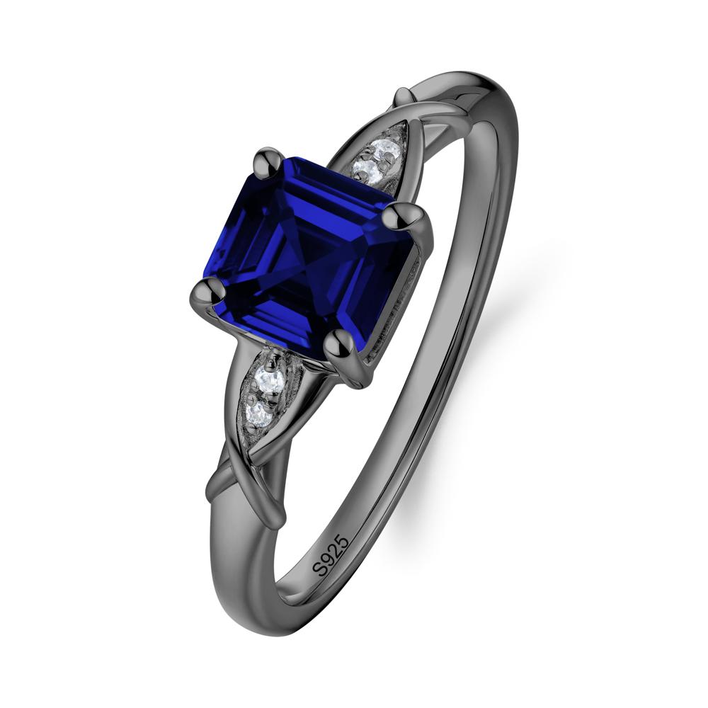 Asscher Cut Sapphire Solitaire Ring with Criss-Cross Band - LUO Jewelry #metal_black finish sterling silver