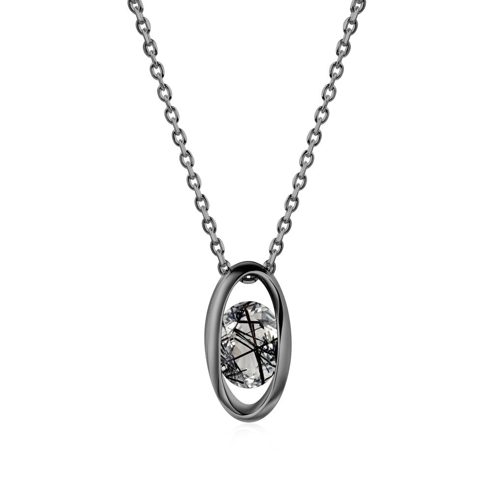 Bezel-Set Oval Black Rutilated Quartz Solitaire Pendant Necklace - LUO Jewelry #metal_black finish sterling silver