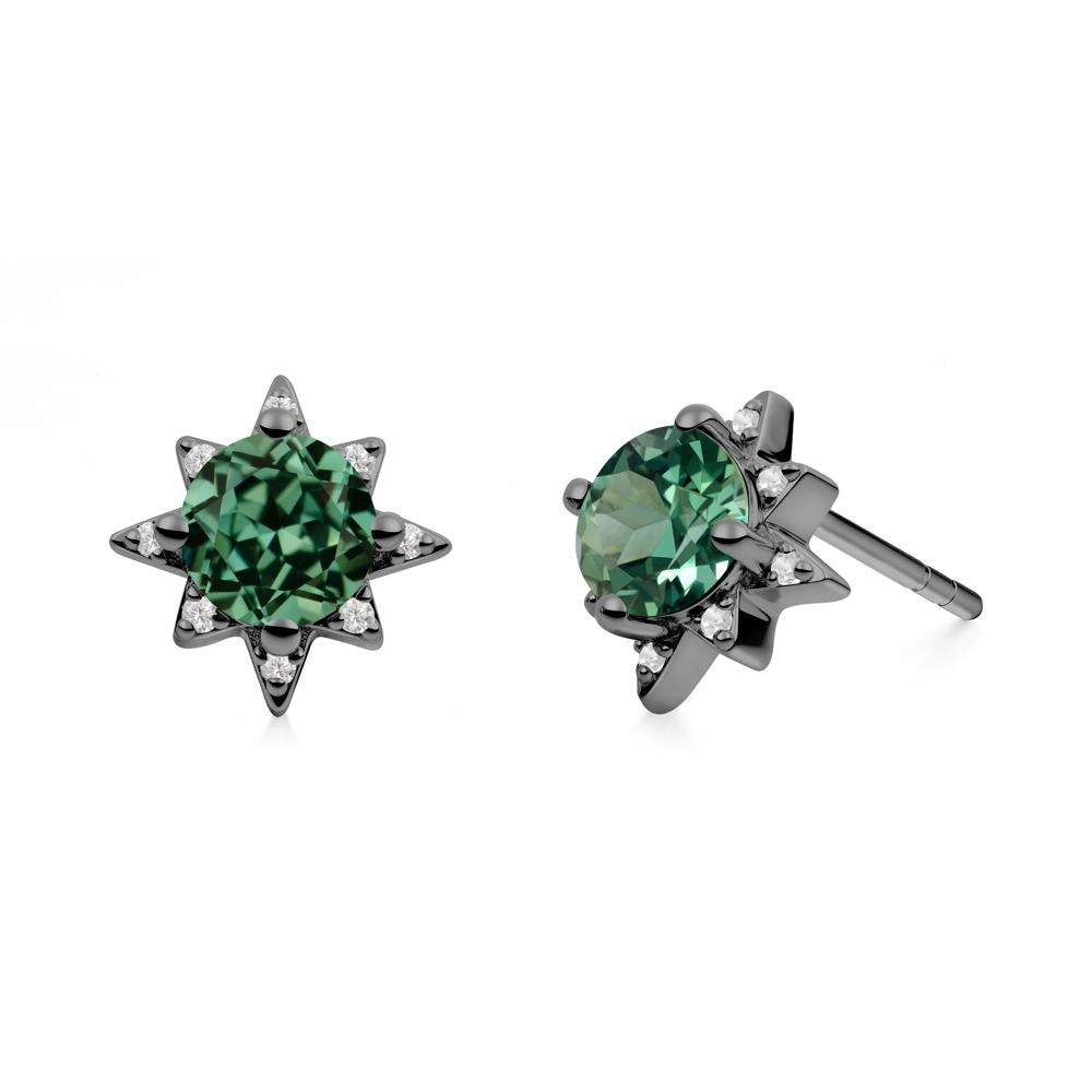 Round Green Sapphire Sunburst Earrings - LUO Jewelry #metal_black finish sterling silver