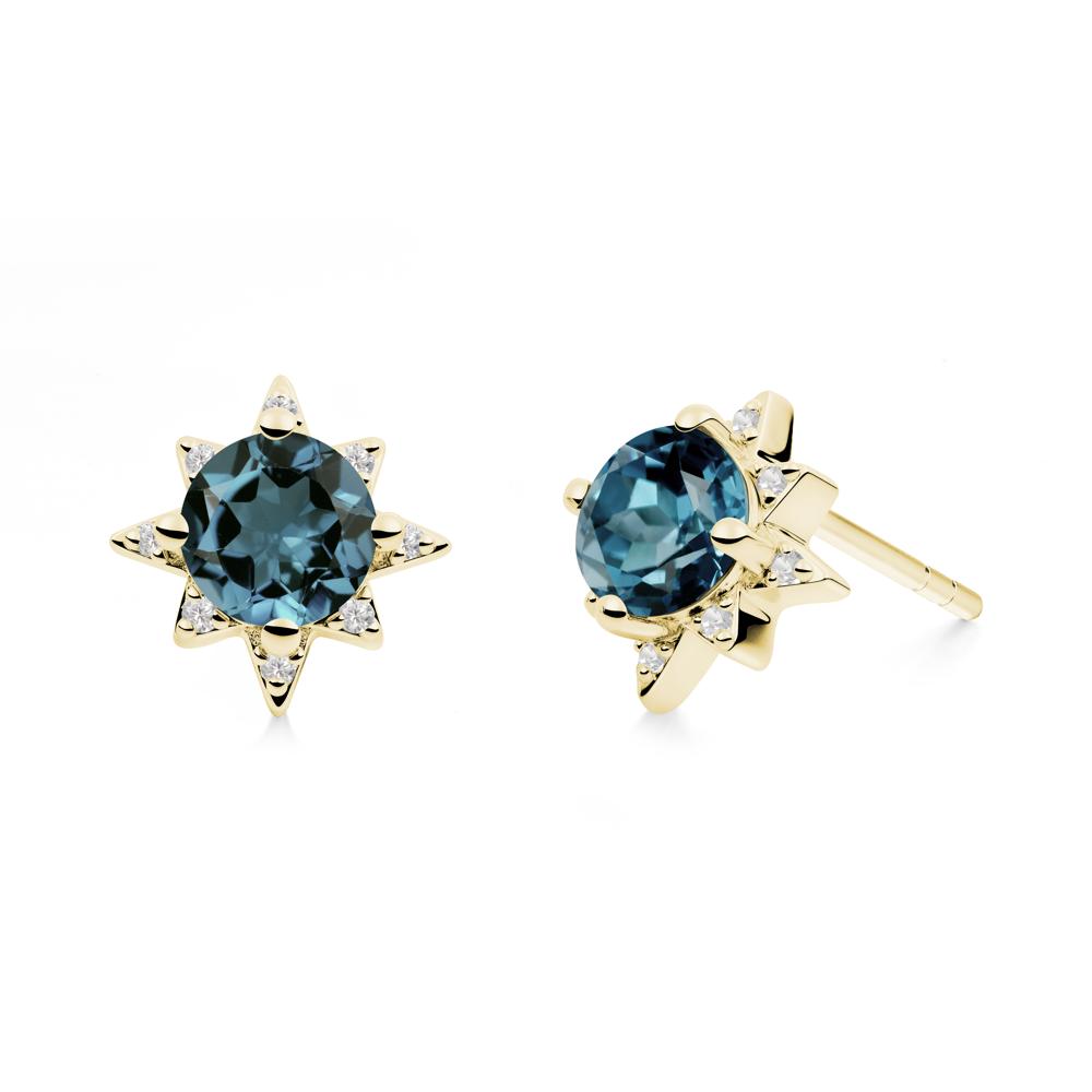 Round London Blue Topaz Sunburst Stud Earrings - LUO Jewelry #metal_18k yellow gold