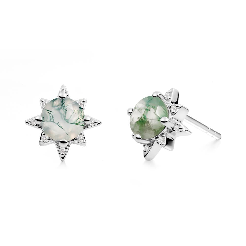 Round Moss Agate Sunburst Earrings - LUO Jewelry #metal_14k white gold