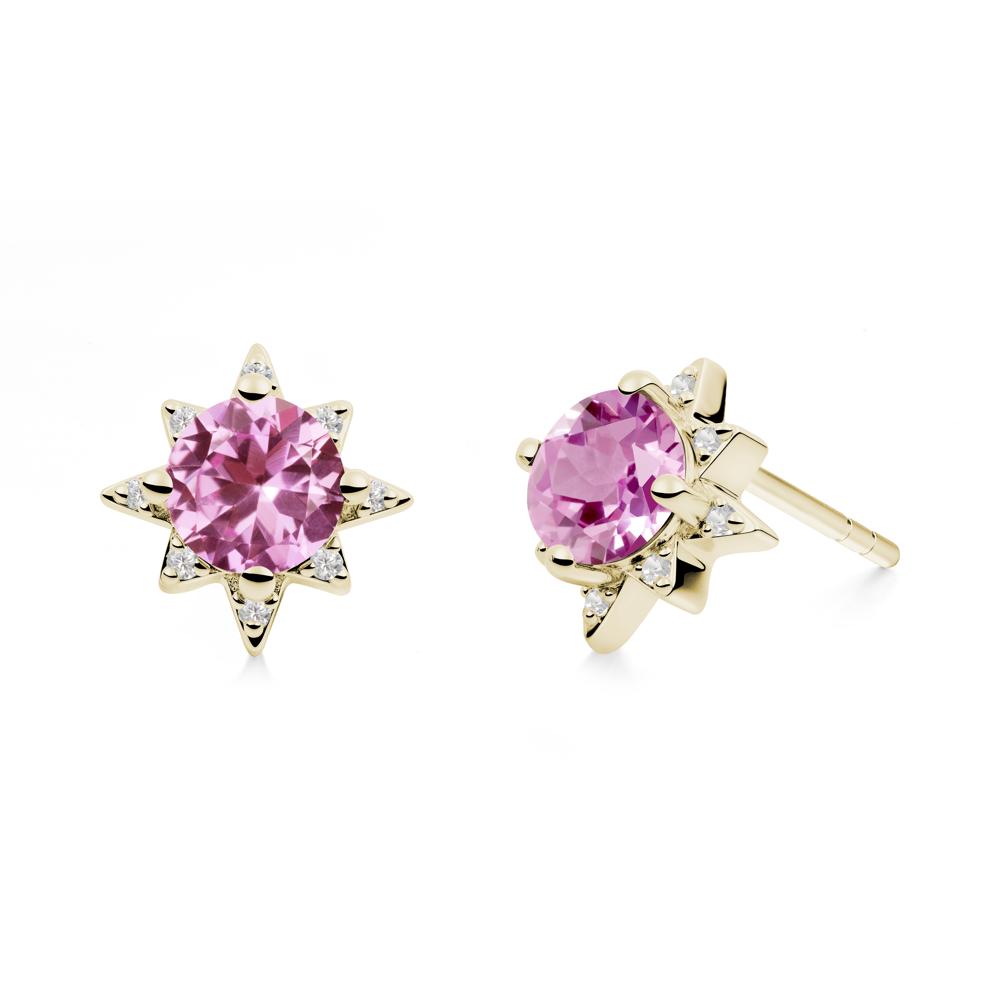 Round Pink Sapphire Sunburst Stud Earrings - LUO Jewelry #metal_14k yellow gold