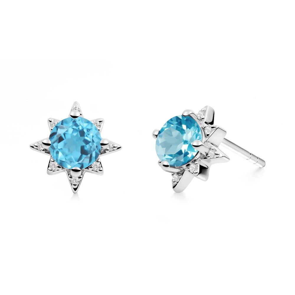 Round Swiss Blue Topaz Sunburst Earrings - LUO Jewelry #metal_18k white gold