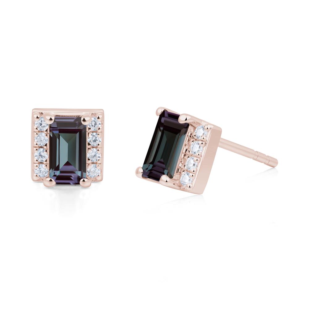 Baguette Alexandrite Stud Eaarings with Pave Side Accents - LUO Jewelry #metal_14k rose gold