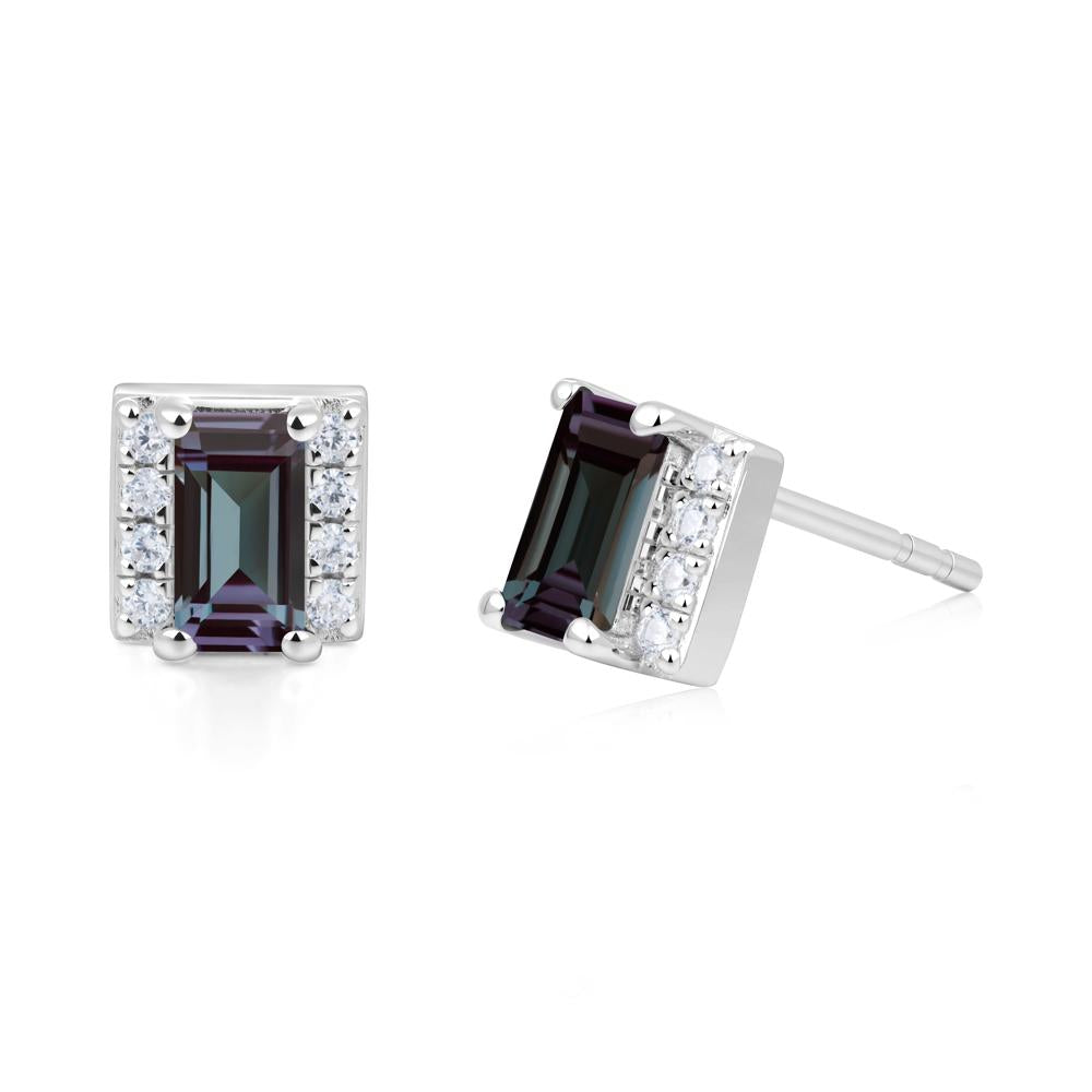 Baguette Alexandrite Stud Eaarings with Pave Side Accents - LUO Jewelry #metal_14k white gold