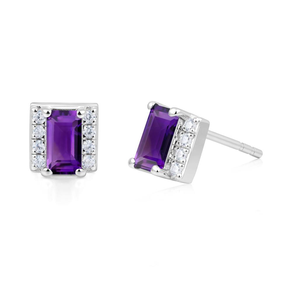 Baguette  Amethyst Halo Stud Earrings - LUO Jewelry #metal_14k white gold