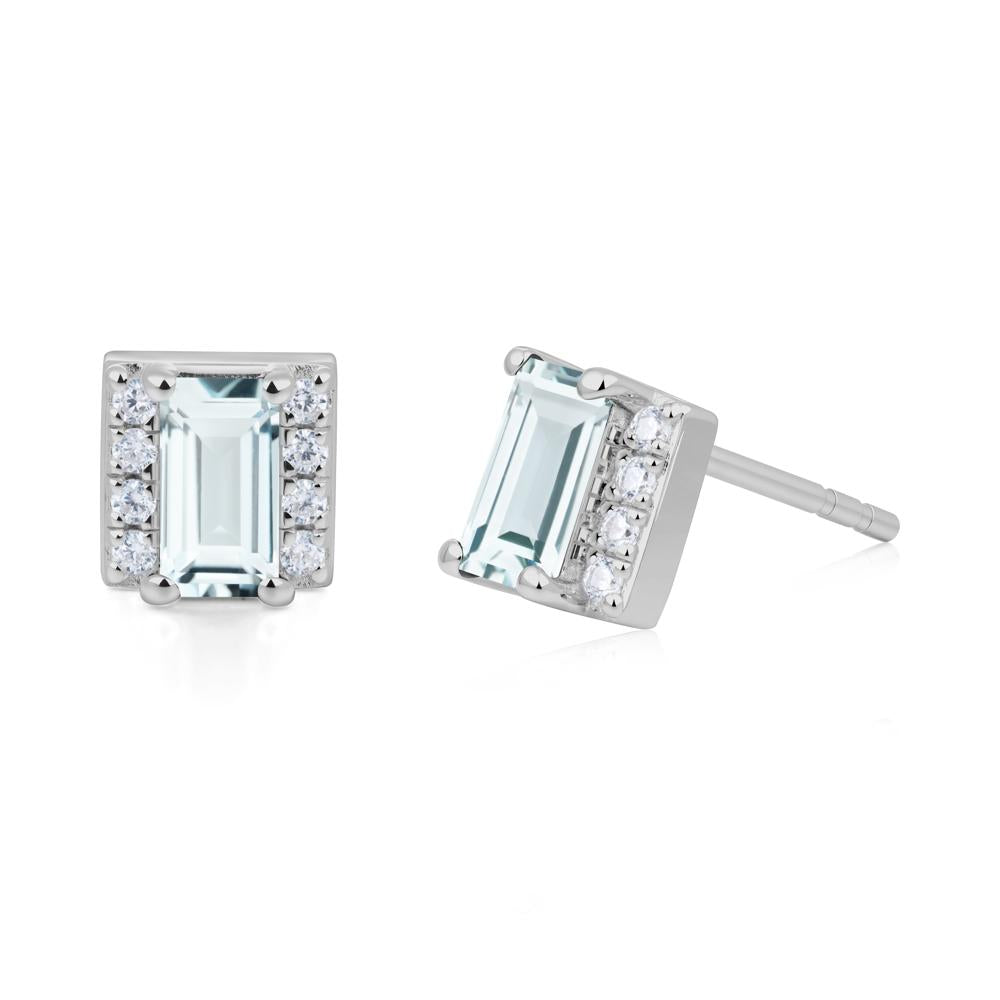Baguette  Aquamarine Halo Stud Earrings - LUO Jewelry #metal_platinum