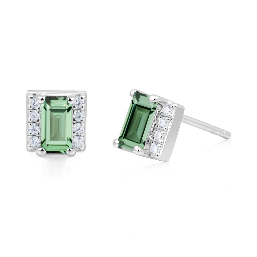Baguette Green Sapphire Stud Eaarings with Pave Side Accents - LUO Jewelry #metal_18k white gold