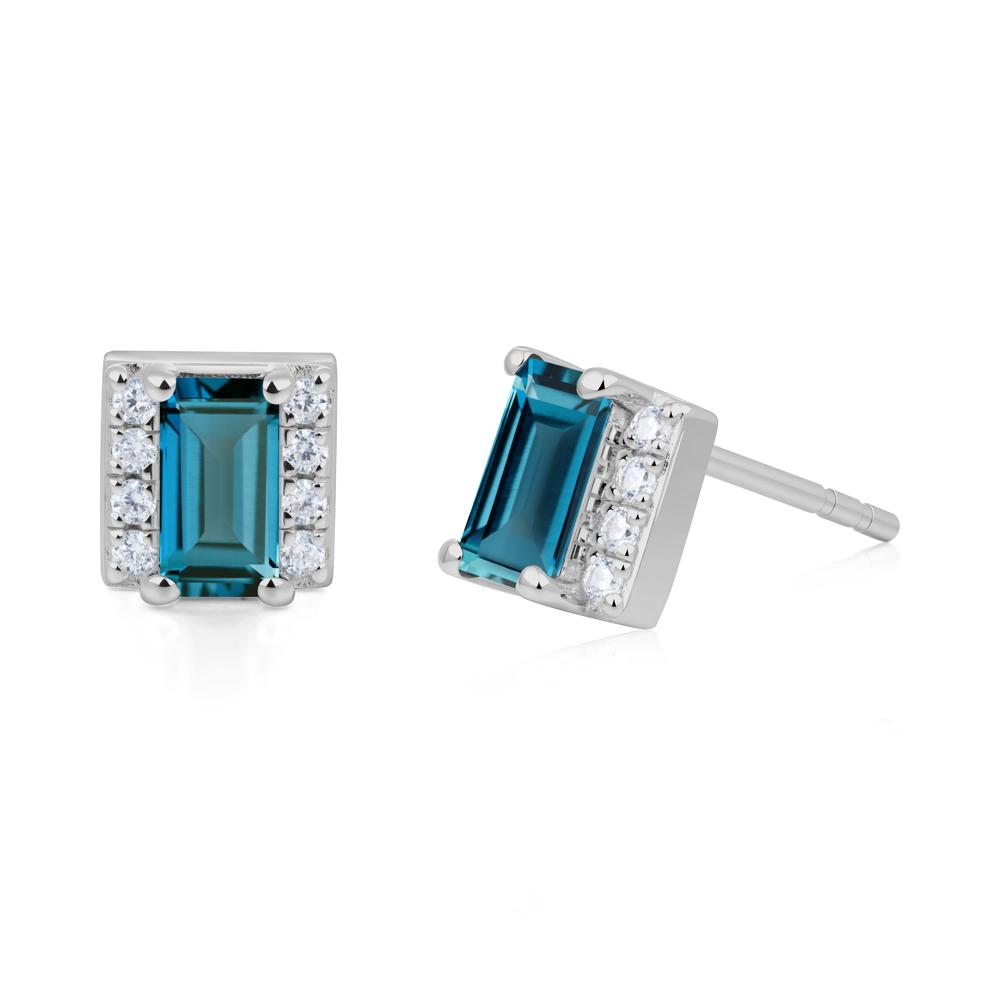 Baguette London Blue Topaz Stud Eaarings with Pave Side Accents - LUO Jewelry #metal_platinum