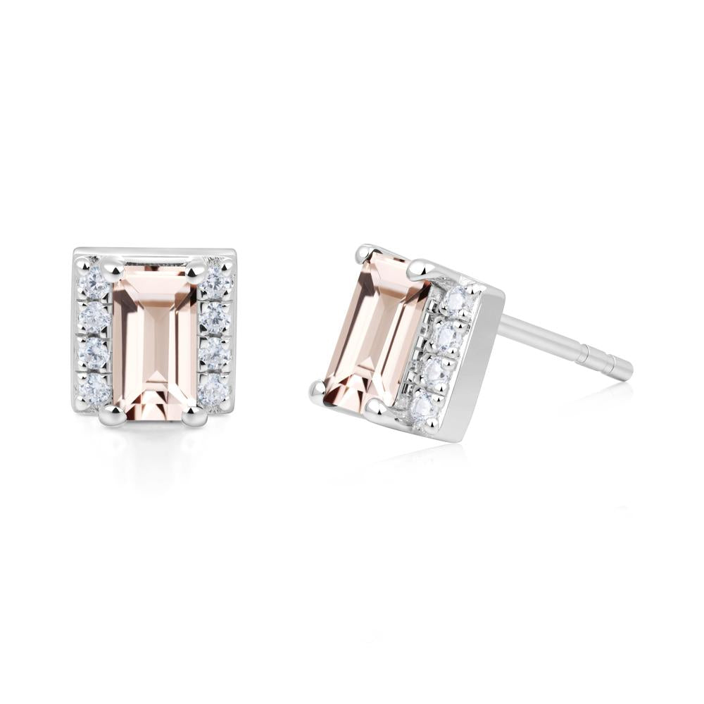 Baguette  Morganite Halo Stud Earrings - LUO Jewelry #metal_18k white gold