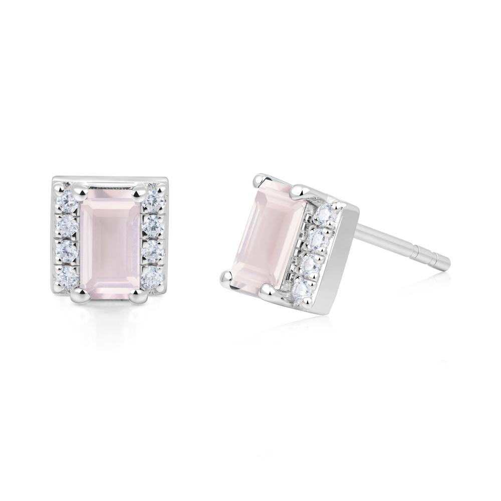 Baguette Rose Quartz Stud Eaarings with Pave Side Accents - LUO Jewelry #metal_18k white gold