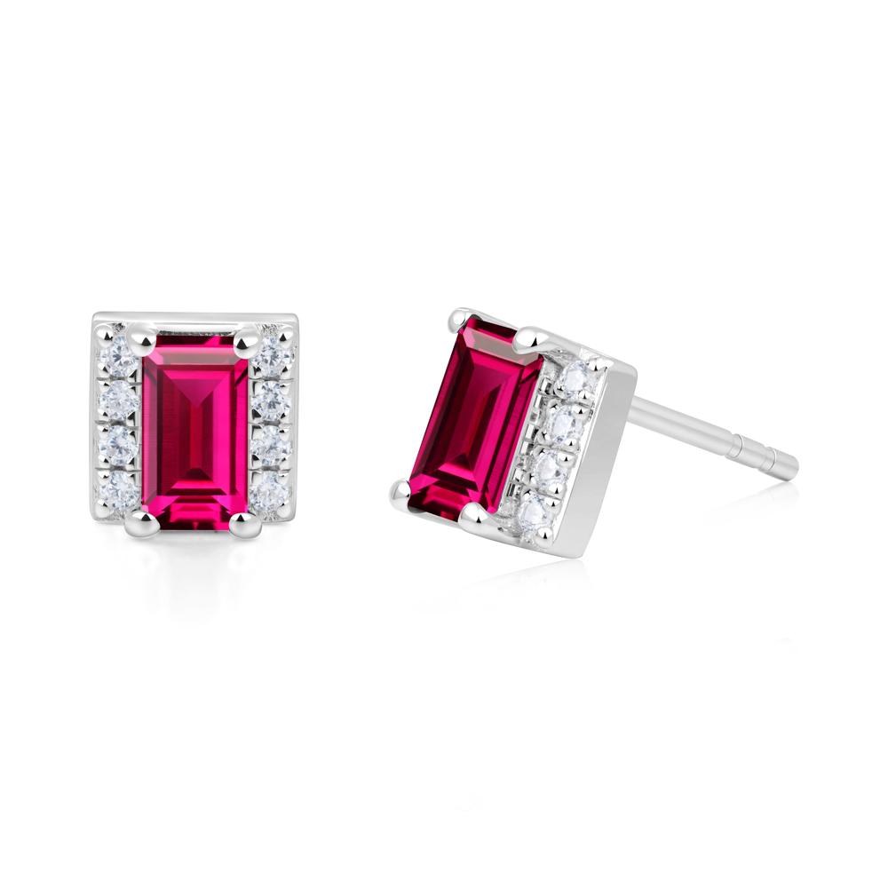 Baguette  Ruby Halo Stud Earrings - LUO Jewelry #metal_14k white gold