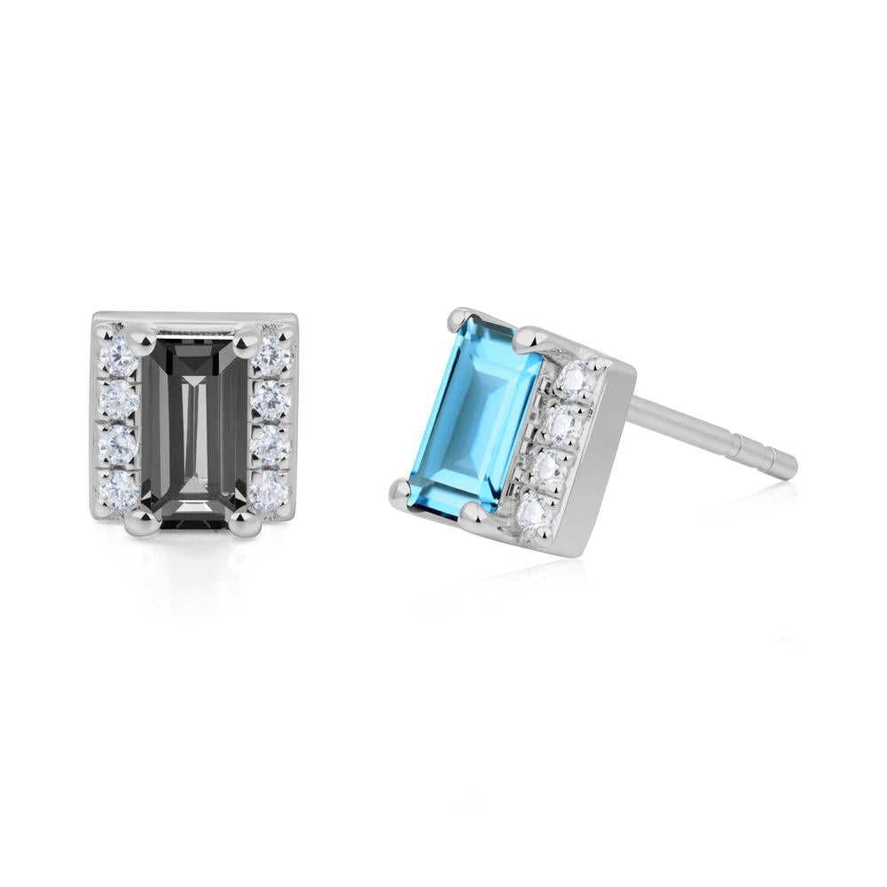 Baguette  Swiss Blue Topaz Halo Stud Earrings - LUO Jewelry #metal_platinum