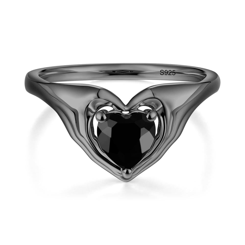 Heart Shapped Black Spinel Claddagh Ring - LUO Jewelry #metal_black finish sterling silver