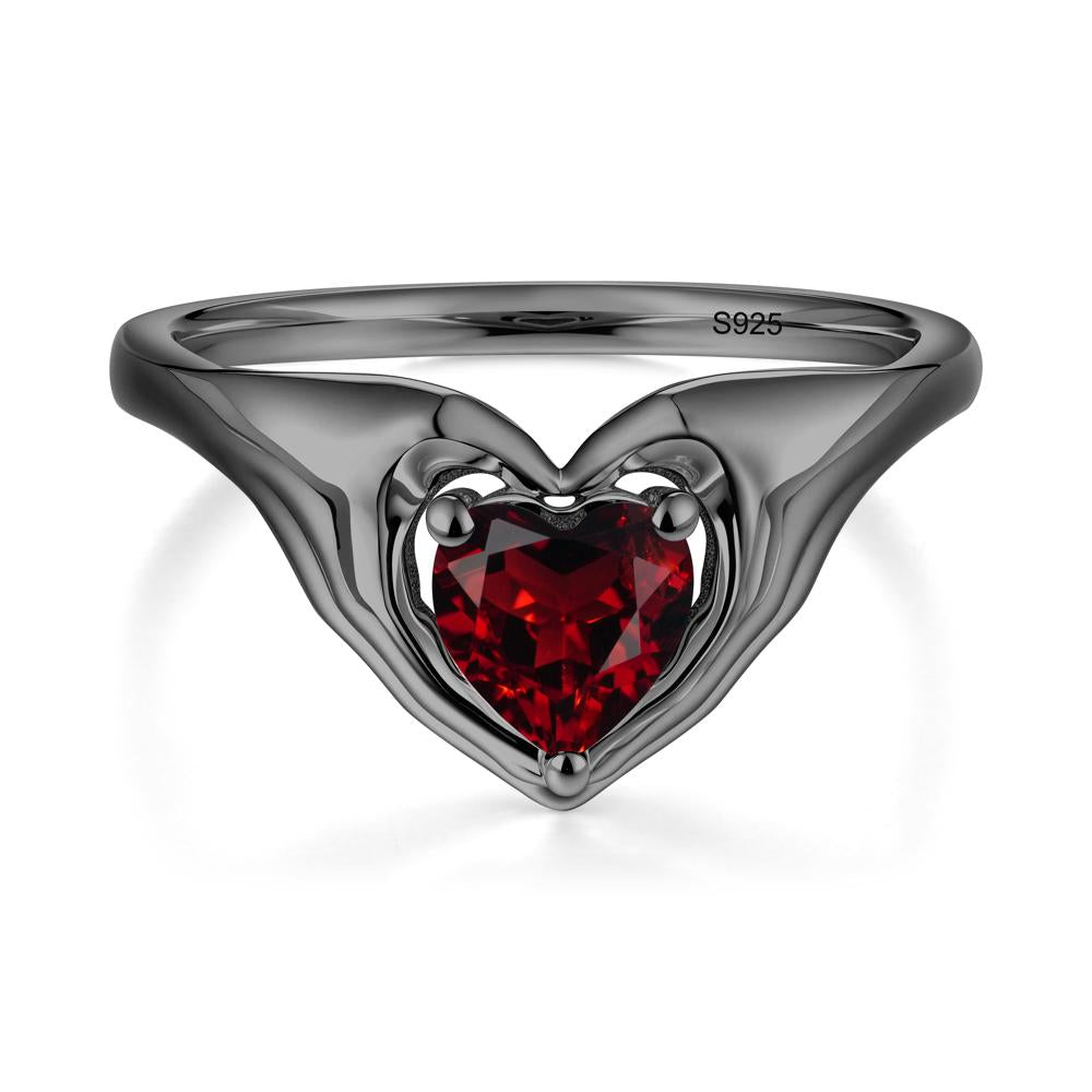 Heart Shapped Garnet Claddagh Ring - LUO Jewelry #metal_black finish sterling silver