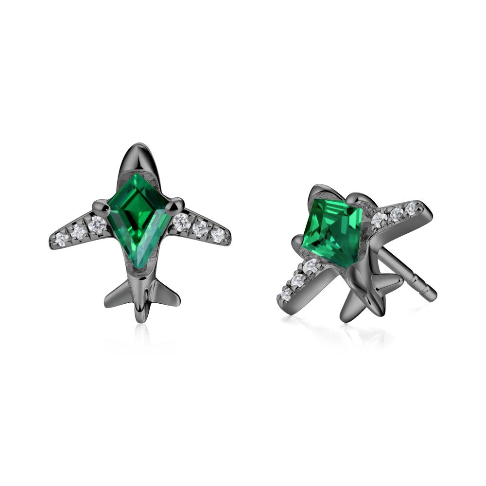 Airplane Inspired Kite Cut Emerald Stud Earrings - LUO Jewelry #metal_black finish sterling silver