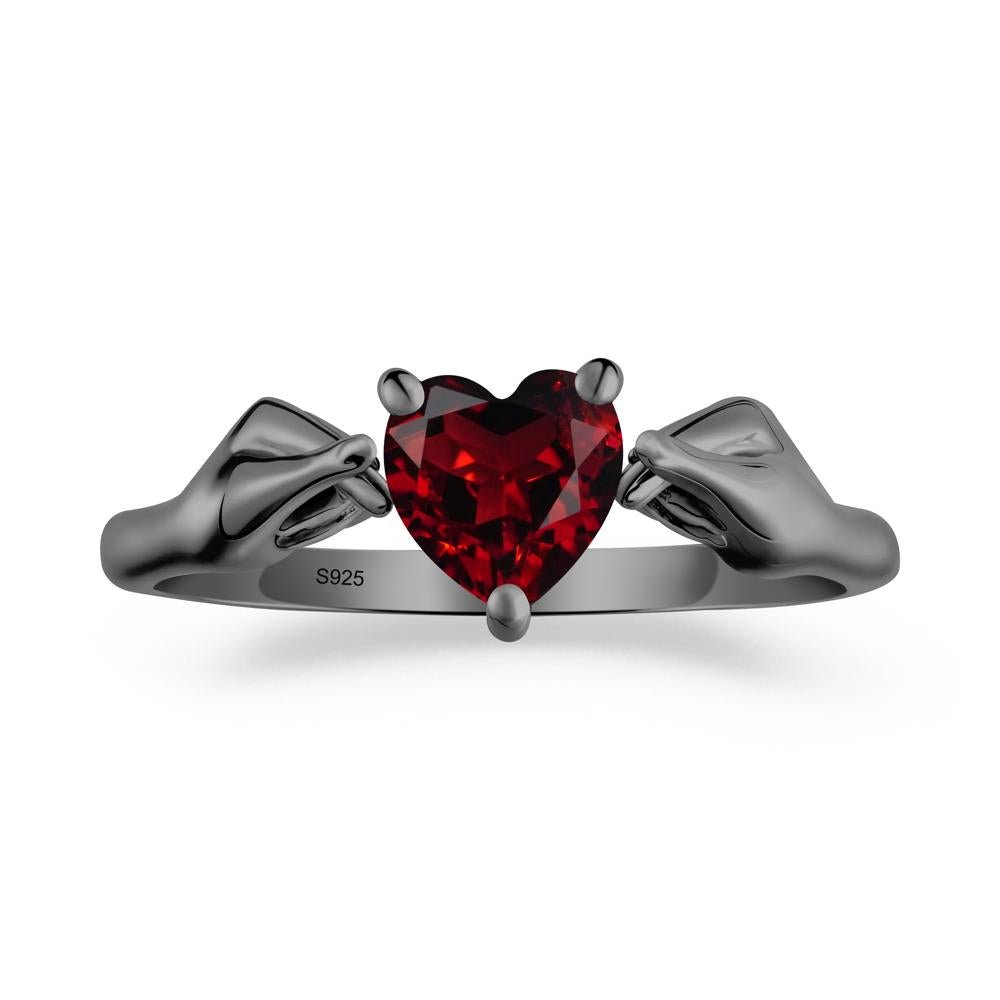 Heart Shaped Garnet Ring with Finger Heart - LUO Jewelry #metal_black finish sterling silver