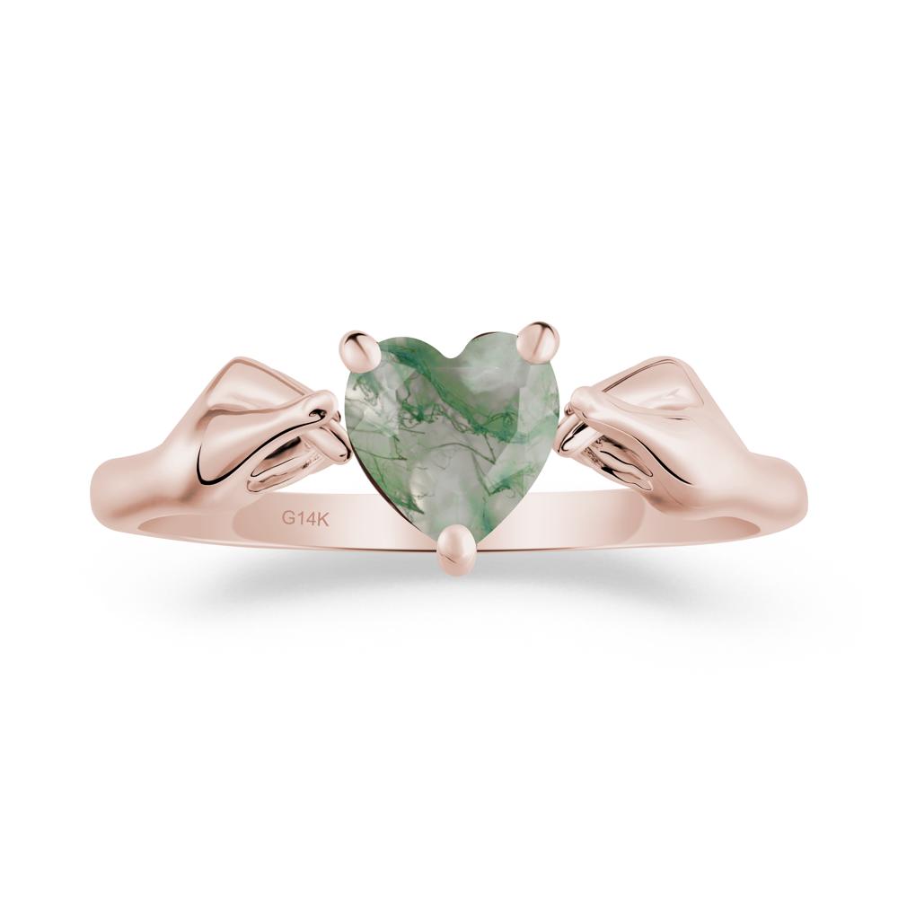 Heart Shaped Moss Agate Ring with Finger Heart - LUO Jewelry #metal_14k rose gold