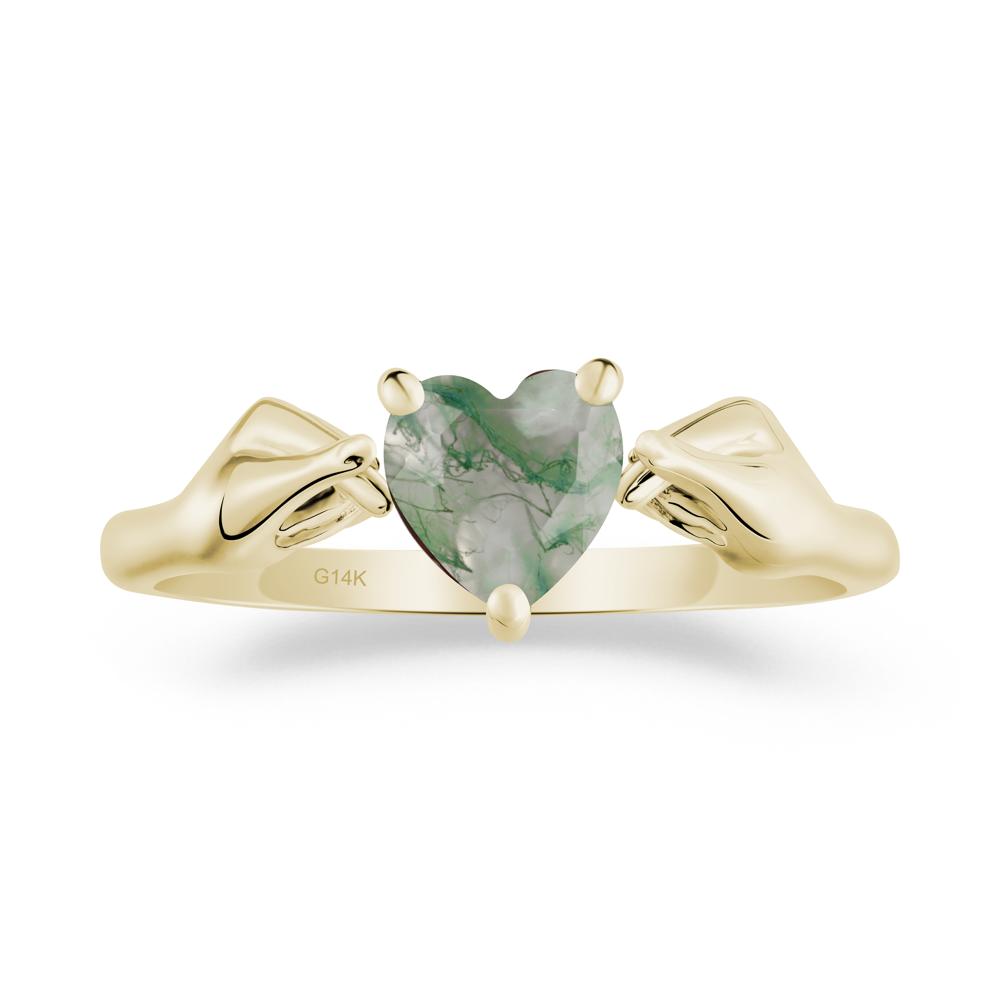 Heart Shaped Moss Agate Ring with Finger Heart - LUO Jewelry #metal_14k yellow gold