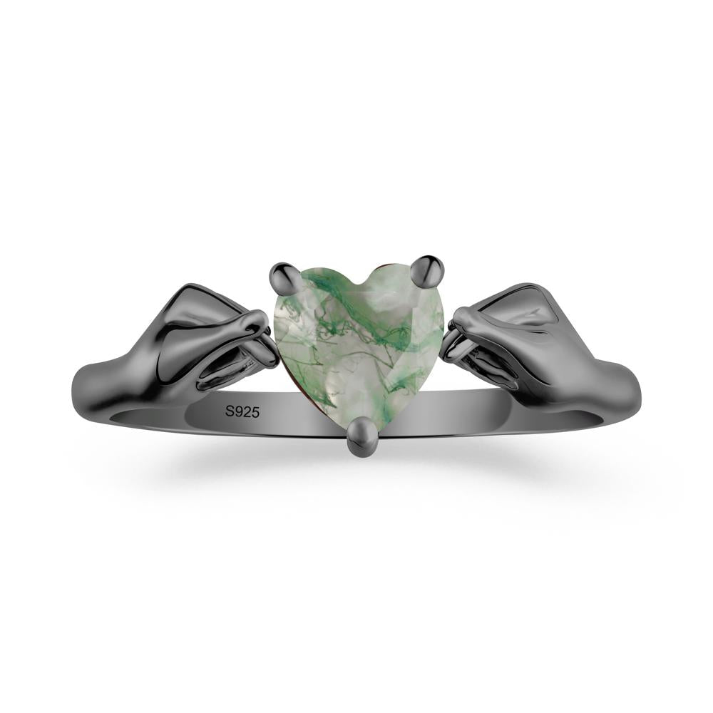 Heart Shaped Moss Agate Ring with Finger Heart - LUO Jewelry #metal_black finish sterling silver