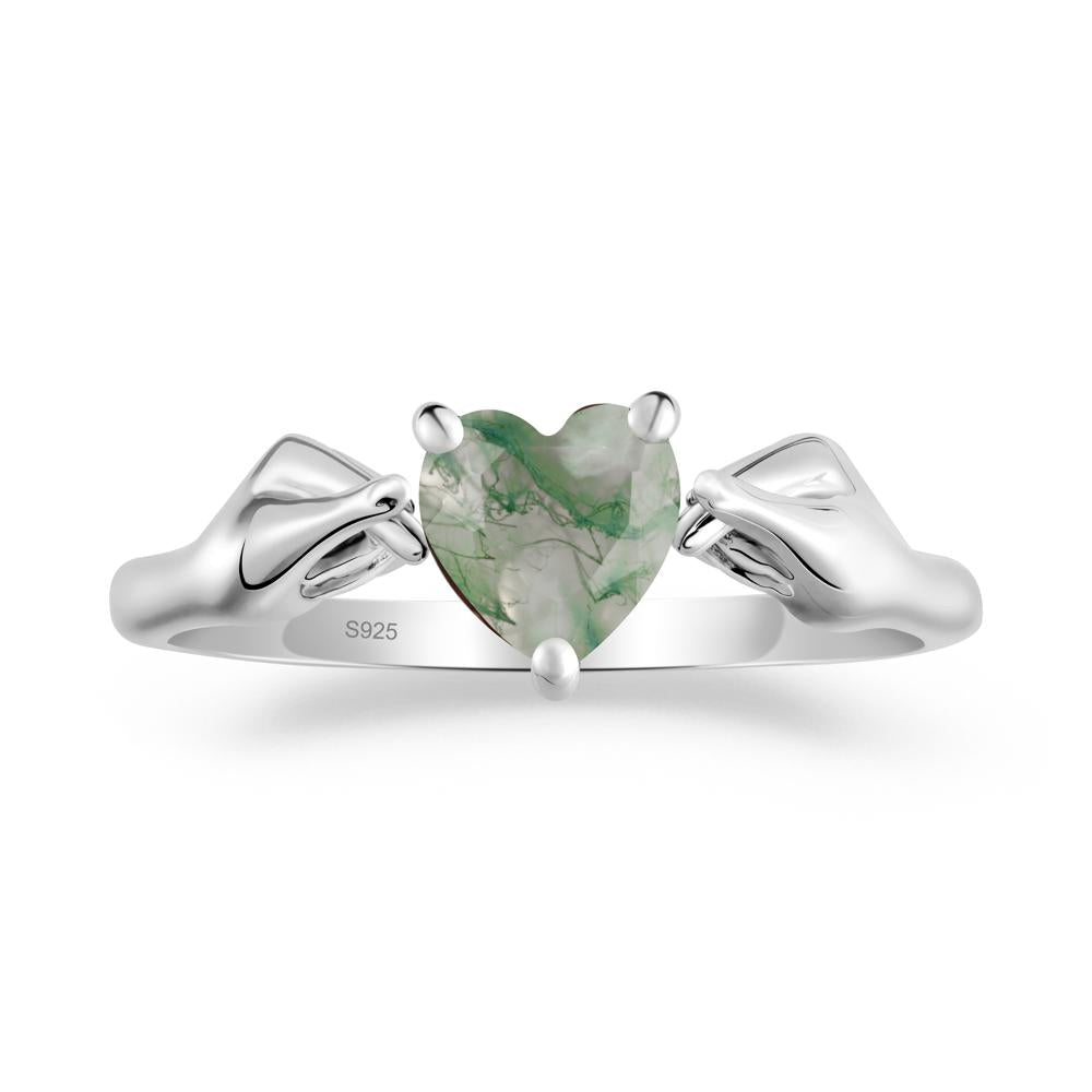 Heart Shaped Moss Agate Ring with Finger Heart - LUO Jewelry #metal_sterling silver