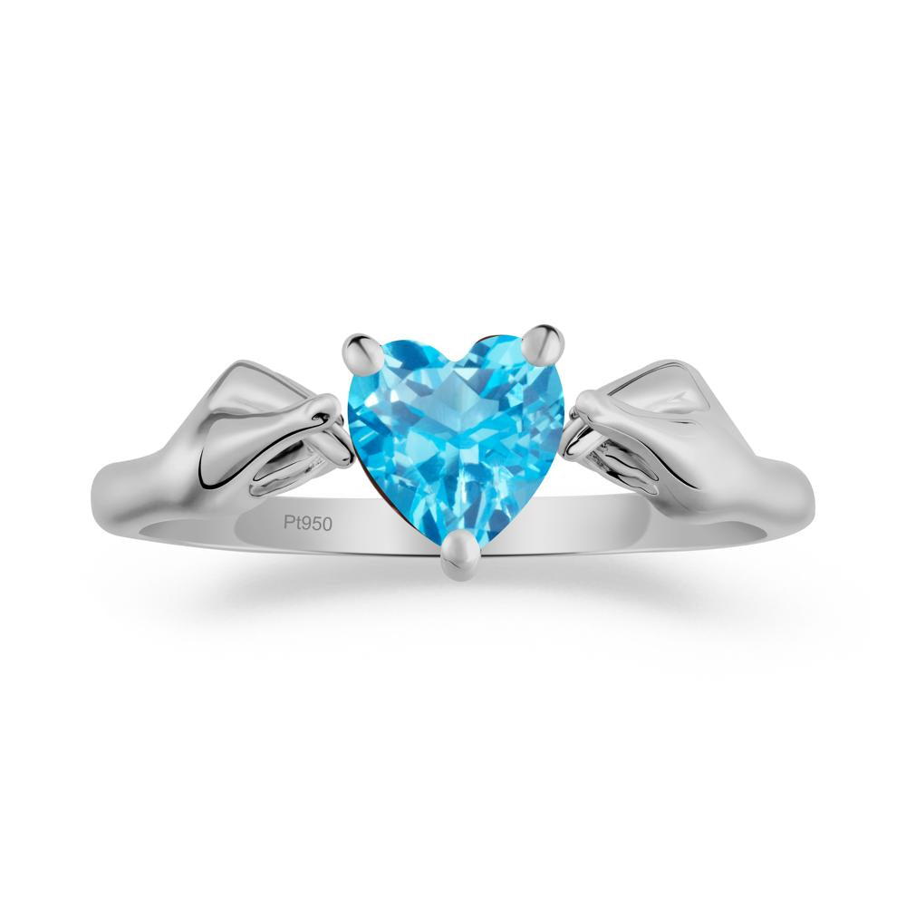 Heart Shaped Swiss Blue Topaz Ring with Finger Heart - LUO Jewelry #metal_platinum
